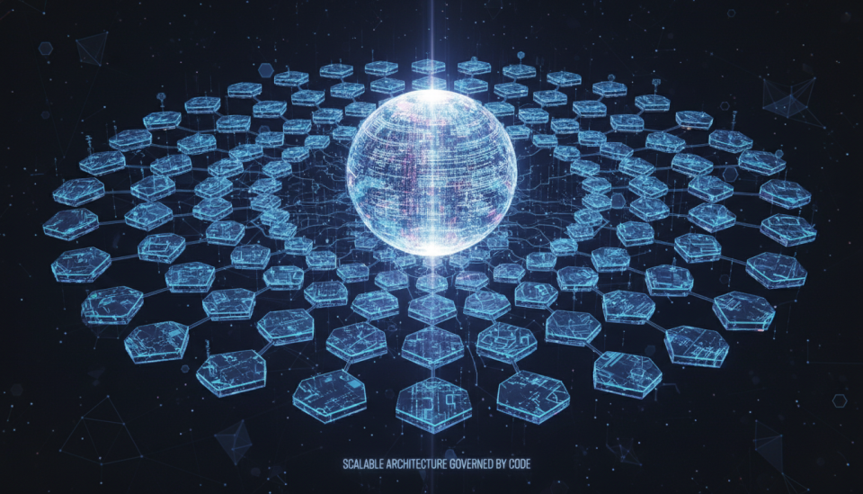 A digital visualization showing a central, solid core of code branching out into numerous, perfectly organized and symmetrical modules, representing a scalable and well-governed software architecture expanding effortlessly.