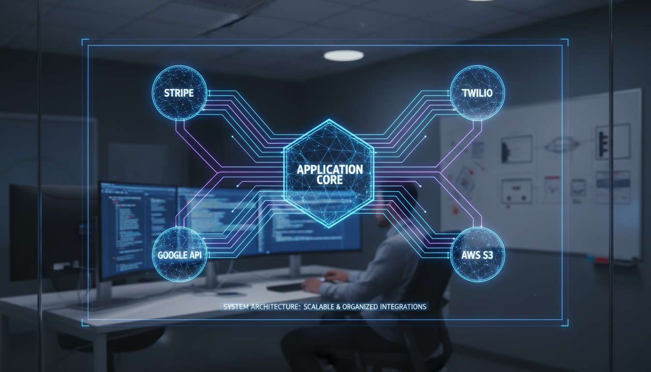 A clean, futuristic digital blueprint of a central application core. Luminous data streams flow outwards, connecting seamlessly to distinct API nodes labeled 'Stripe', 'Twilio', 'Google API', and 'AWS S3', illustrating a well-organized and scalable system architecture.