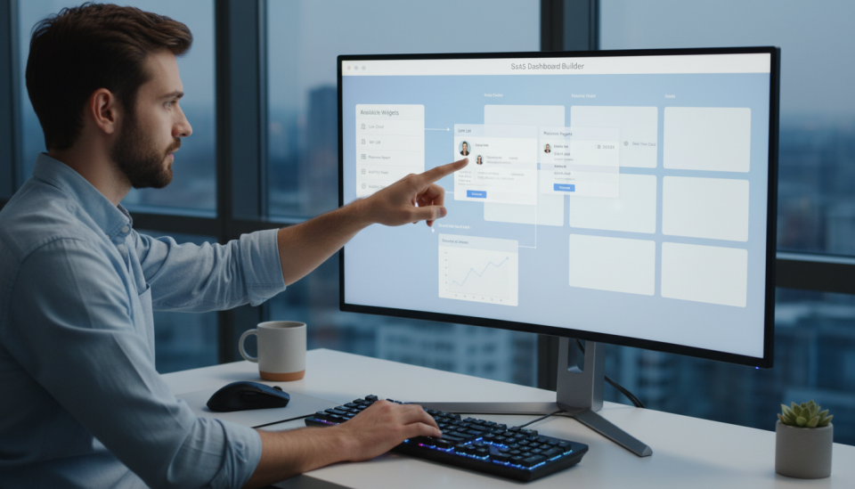 A developer at a clean workstation, pointing at a screen displaying a modular dashboard builder. On the screen, widgets for charts, user lists, and revenue reports are being dragged and dropped into a clean layout, rapidly assembling a functional SaaS dashboard.