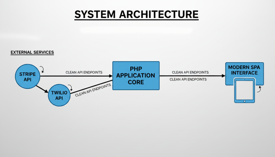 A clean diagram on a whiteboard showing a central PHP application core connected via clean API endpoints to various external services like Stripe, Twilio, and a modern Single Page Application interface on a tablet.