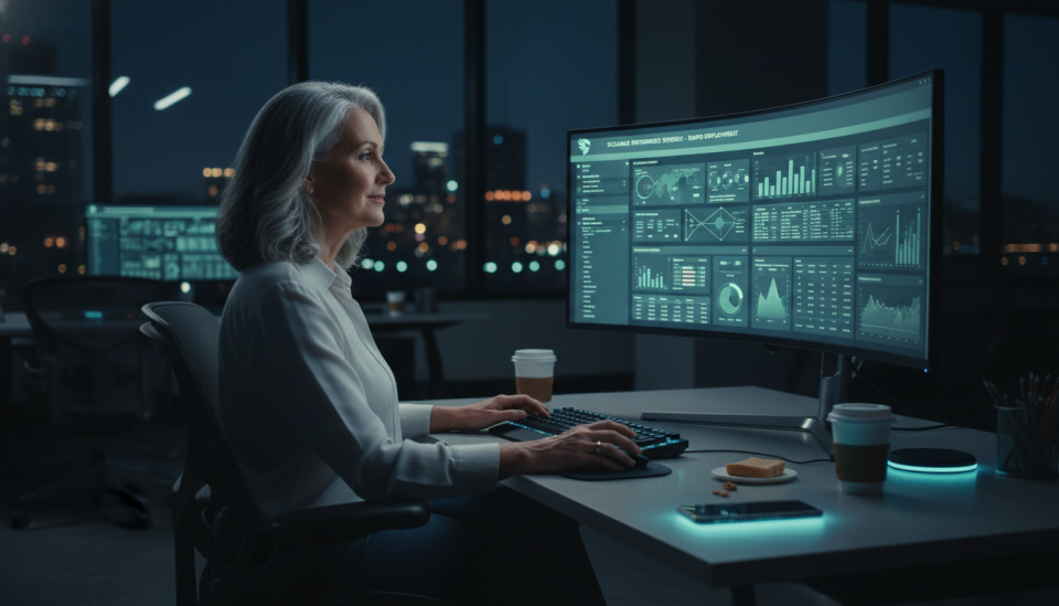 A calm and confident female senior developer in a dimly lit, modern office at night. She's looking at a multi-monitor setup displaying a clean, data-rich application dashboard with graphs and tables, reflecting her control over the scalable enterprise system she built rapidly.