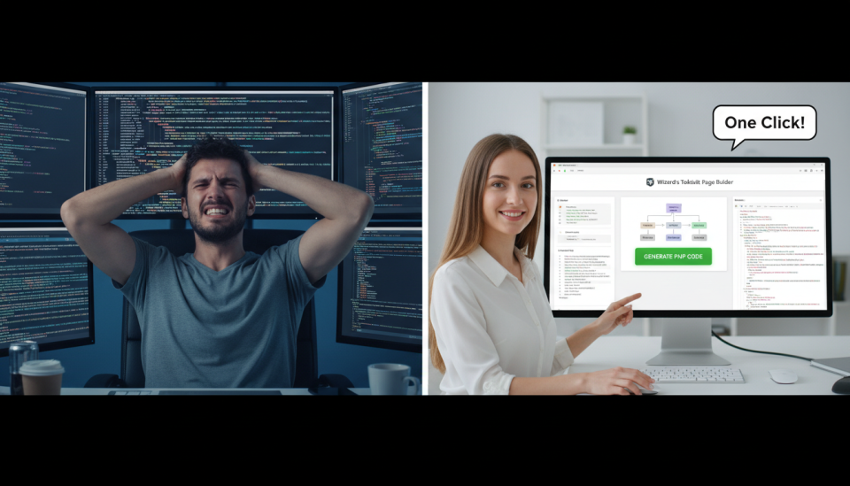 A split-screen view. On the left, a developer looks stressed, surrounded by monitors filled with complex SQL query code. On the right, a calm developer uses a clean UI, the Wizard's Toolkit Page Builder, to generate PHP code from a database schema with a single click.