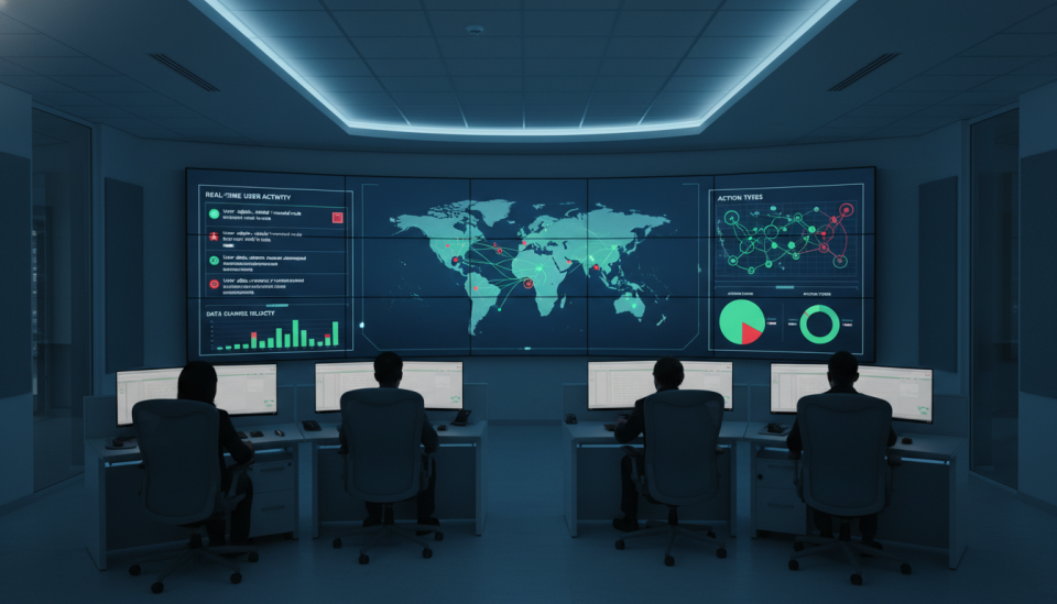 A calm, modern security operations center with a large, clean dashboard displaying a real-time feed of user data changes, with green and red indicators for different actions, showcasing clarity and control over the system.