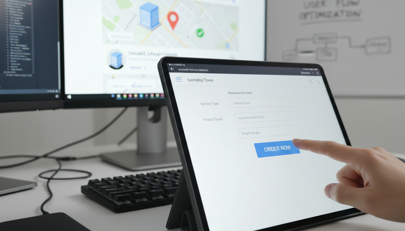 A user's finger on a tablet screen, tapping the 'Order Now' button on a sleek, professional-looking business application. In the background, slightly out of focus, is the Google Maps interface showing the business's location pin and profile, illustrating a successful conversion journey.