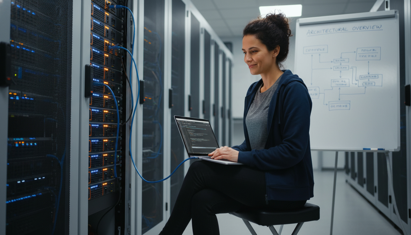 A confident female developer in a modern server room, smiling slightly as she types on a laptop connected to a server rack. The warm glow of server lights reflects on her face, conveying a sense of complete control and expertise over the hardware.