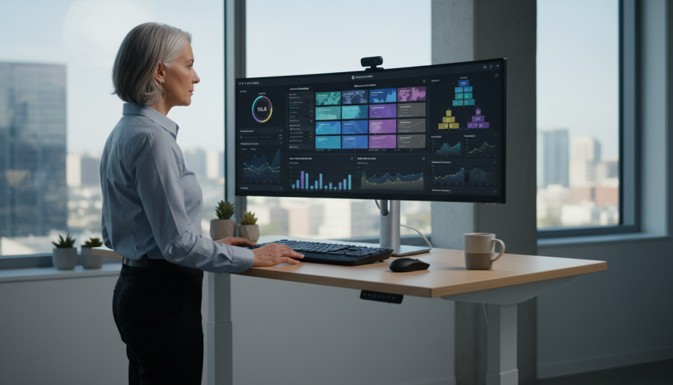 A senior software architect at a clean, minimalist standing desk, looking at a large monitor displaying a sophisticated application dashboard. The dashboard shows complex data visualizations and system health metrics, all neatly organized, conveying a sense of control and clarity over the software.