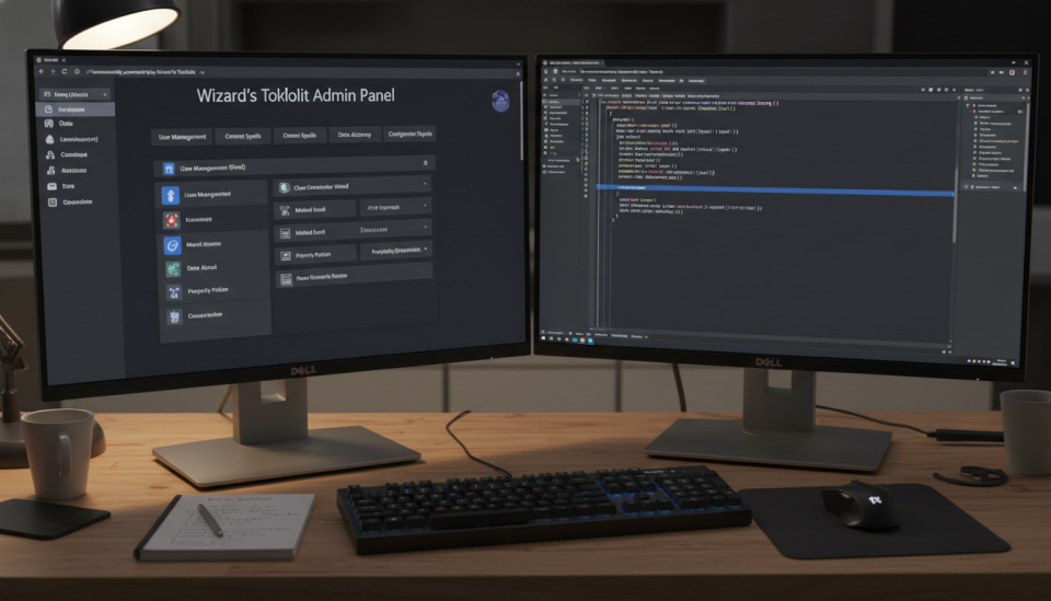 Accelerating Development with PHP Code Generation A developer's dual-monitor setup showing the Wizard's Toolkit admin panel on the left screen and the resulting clean, well-structured PHP code in a Visual Studio Code editor on the right.