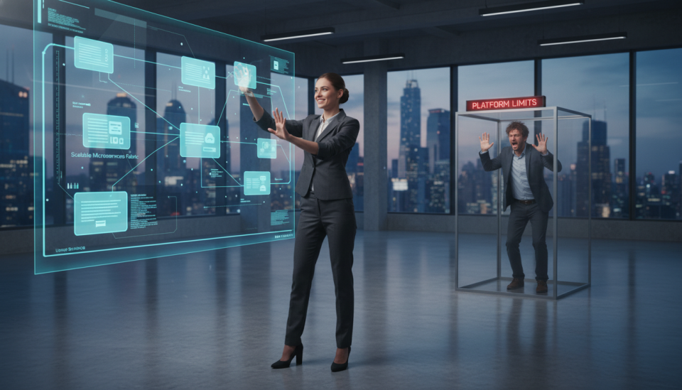 A software architect stands confidently before a large, transparent digital whiteboard, easily modifying and scaling a complex but well-organized application architecture. In the background, another developer is comically trapped inside a small, rigid glass box labeled 'Platform Limits.'