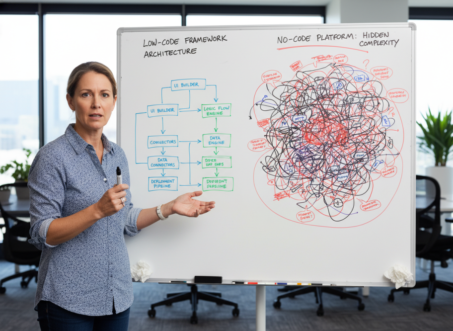 Comparing Low-Code Frameworks and No-Code Platforms A senior software engineer at a whiteboard, comparing a neatly organized diagram of a low-code framework's architecture against a chaotic, tangled mess representing a no-code platform's hidden complexity.