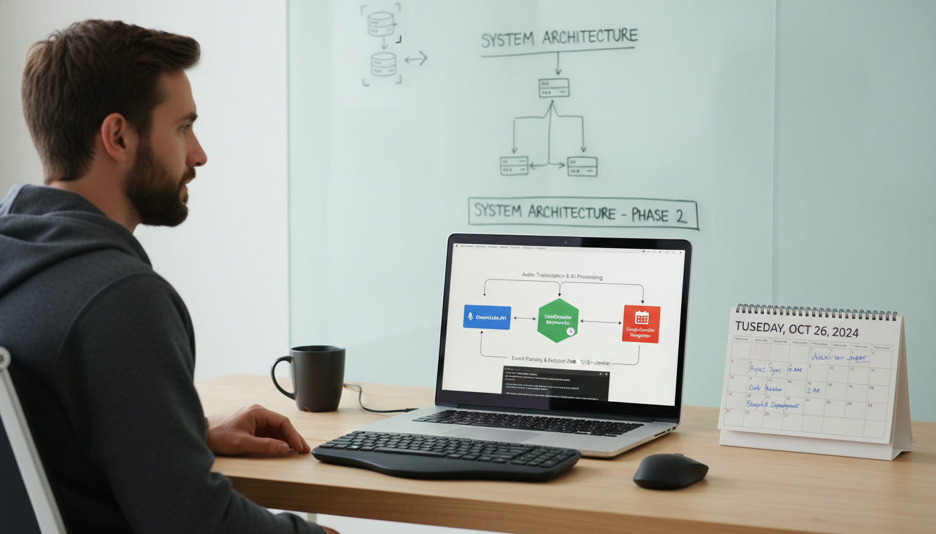A developer at a clean desk integrates an MCP server on a laptop screen showing a flowchart from ElevenLabs to DateDecoder to Google Calendar, with a calendar showing the correct date.
