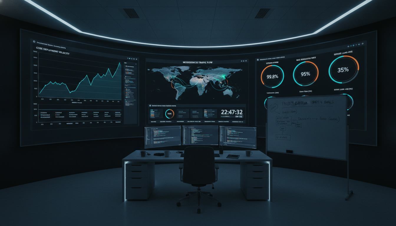 A clean, modern command center with a large screen displaying an interactive business intelligence dashboard. The dashboard shows real-time graphs, maps, and key performance indicators, reflecting a state of control and clarity over complex data.