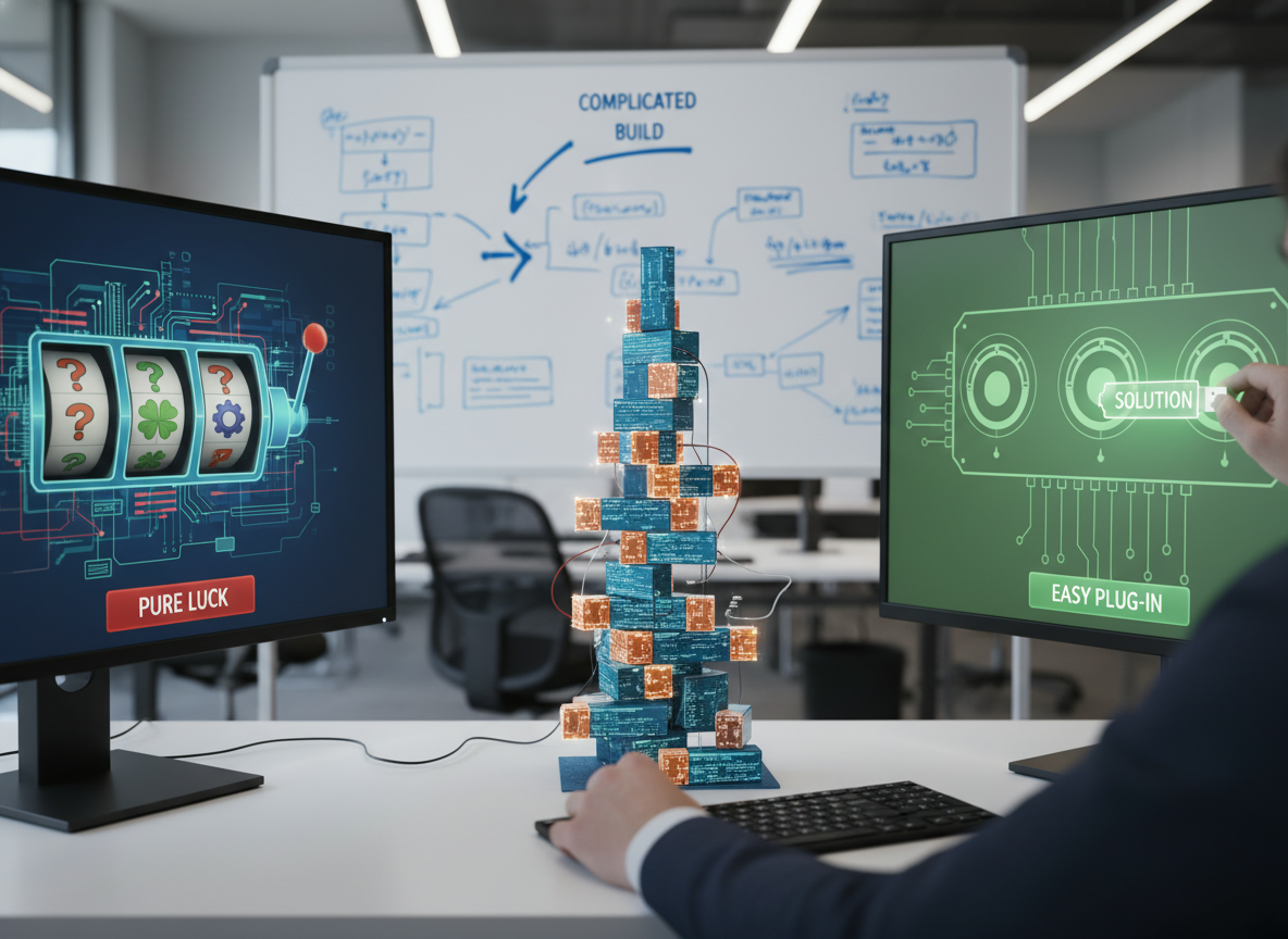 game of chance with three options: 1 is pure luck, 2 is complicated building of a tower, 3 is easy plugging-in a solution